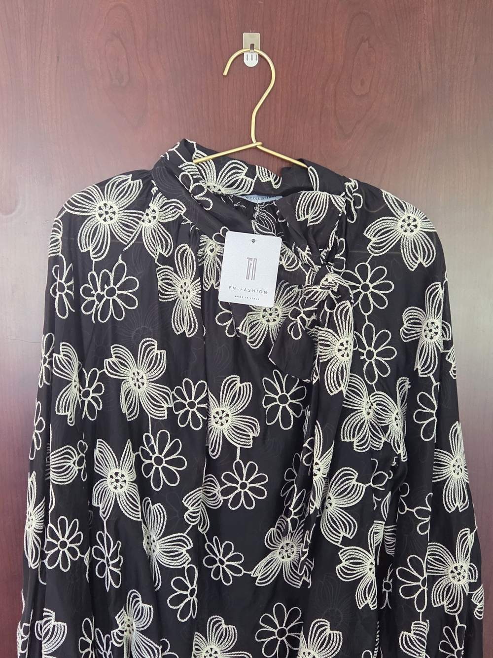 Black Floral Tie-Neck Blouse with Ivory Outline